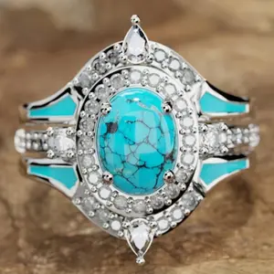 Set of 3 Boho Style Silver Plated Engagement Rings with Unique Elegant Cubic Zirconia Stones with Turquoise Accents, for Women's Engagement Wedding