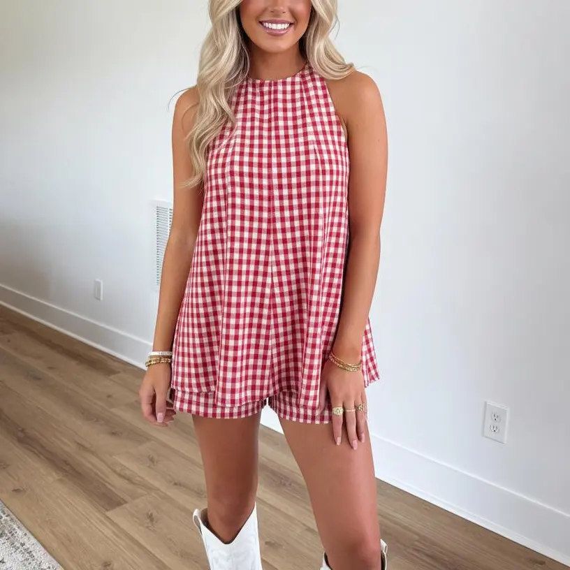 Summer Women Gingham Matching Two Piece Outfits, Sleeveless Round Neck Pleated Swing Tunic Top with Elastic Waist Plaid Shorts Casual Beach Co Ord Set