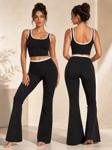 AIRILA Women’s 2 Piece Ribbed Color Block Yoga Outfit, Removable Padded Push Up Sports Bra + High Waist No Roll Down Wide Leg Pants, Tummy Control Butt Lifting Fake Two Piece Workout Set for Gym Fitness Casual Loungewear
