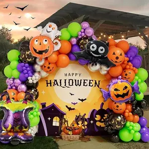 153pcs Halloween Balloon Garland Arch Kit with Candy Pumpkin Foil Balloons Black Orange Green Purple Balloons for Halloween Birthday Party Decorations