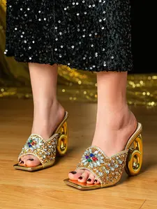 Rhinestone Mule Sandals, Square Toe Open Toe, Gold Metal Heel, Floral Decorative Shoes for Fashion Shows and Parties