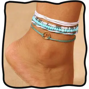 Boho Layered Turquoise Anklets Blue Ankle Bracelets Wax Rope Beach Foot Jewelry for Women