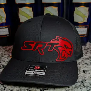 Hellcat Inspired Red Leather & Silver / Gold Carbon Fiber Leather Richardson 112 Laser Engraved Handmade Hat
