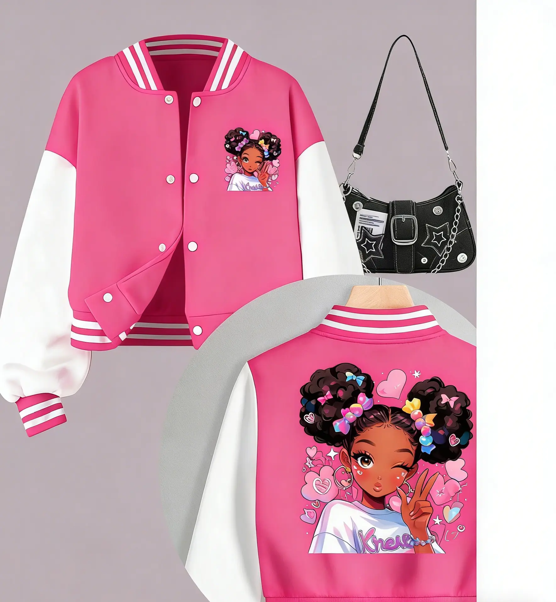 Girls' Athletic Jacket, Cropped Varsity Coat with Colorblock Anime Graphic, Fitted Casual Cute Outerwear, Colorblock Print Coat, Short, Anime Print, Sporty Chic
