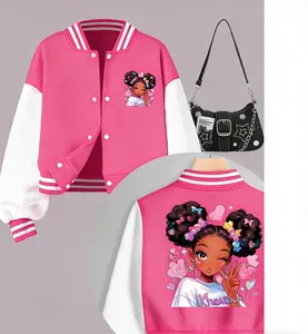 Girls Cropped Printed Casual Jacket, Color Block Varsity Style, Trendy Outerwear for Daily Outfits