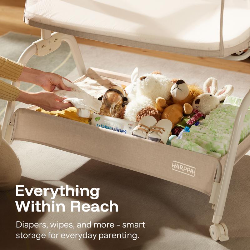 HARPPA Cuddly Lite 2-in-1 Baby Bassinet & Bedside Sleeper, storage Bassinet for Baby with Wheels & Storage Basket, Portable Crib, Breathable Mesh and Mattress, Height Adjustable