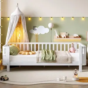 Bellemave Queen Size Wood Platform Canopy Bed - Baby Furniture with Safety Rails, Round Edges, Detachable Fence - Ideal for Toddler Pod Beds, Bassinet Bedside Sleepers