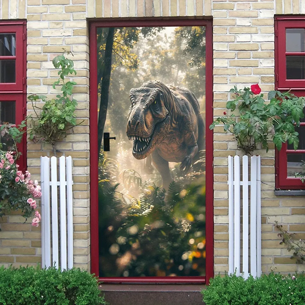 2pcs Jurassic World Dinosaur Wall Stickers T-Rex Forest Theme Removable PVC Wall Decals for Kids Bedroom Boys Room Cartoon Animal Decor Self Adhesive Wall Art Nursery Kindergarten Background Wall Deco