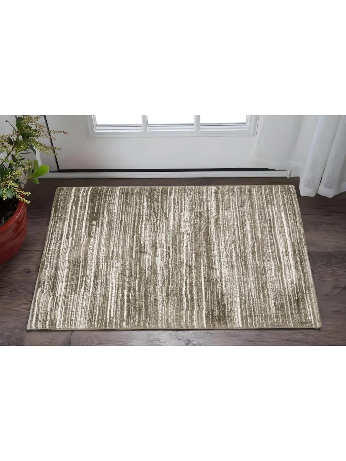 212 MAIN 2x3 ft. Industrial Power-Loomed Stain-Proof Striped Worn Finish Distressed Rectangle Indoor Home Decor Entryway Rug, Brown & Ivory, Home Decor Rugs