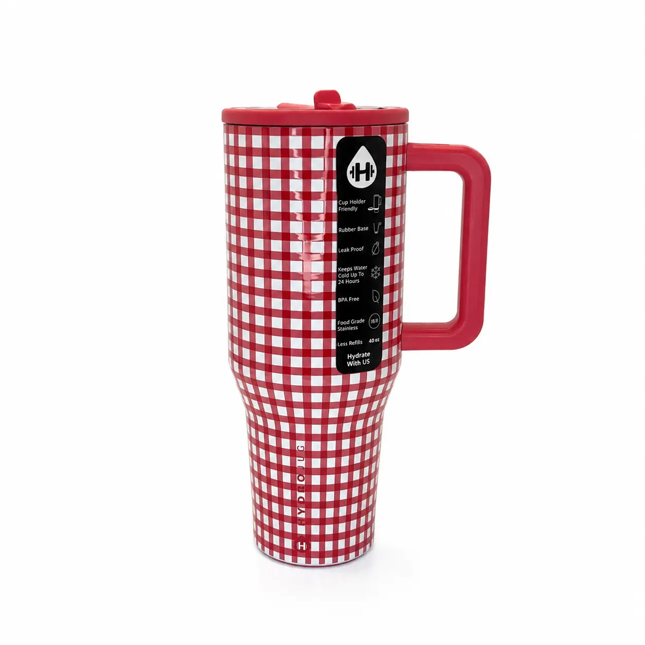 HydroJug Traveler 40oz Tumbler with Handle and Straw, Leak Proof Triple Wall Insulated Stainless Steel Bottle, Red Gingham Checkered Mug for Gym