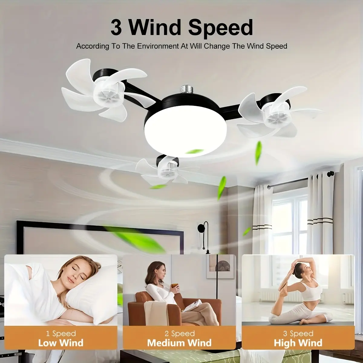 LED Smart Ceiling Fan Light - E27/E26 Screw Port with Remote Control, Adjustable Brightness And 3-Speed Adjustment, Suitable for Bedroom, Living Room, Study, Kitchen, And Bathroom - Modern Design, All-Season Use (2-In-1 3-Head Fan Light)