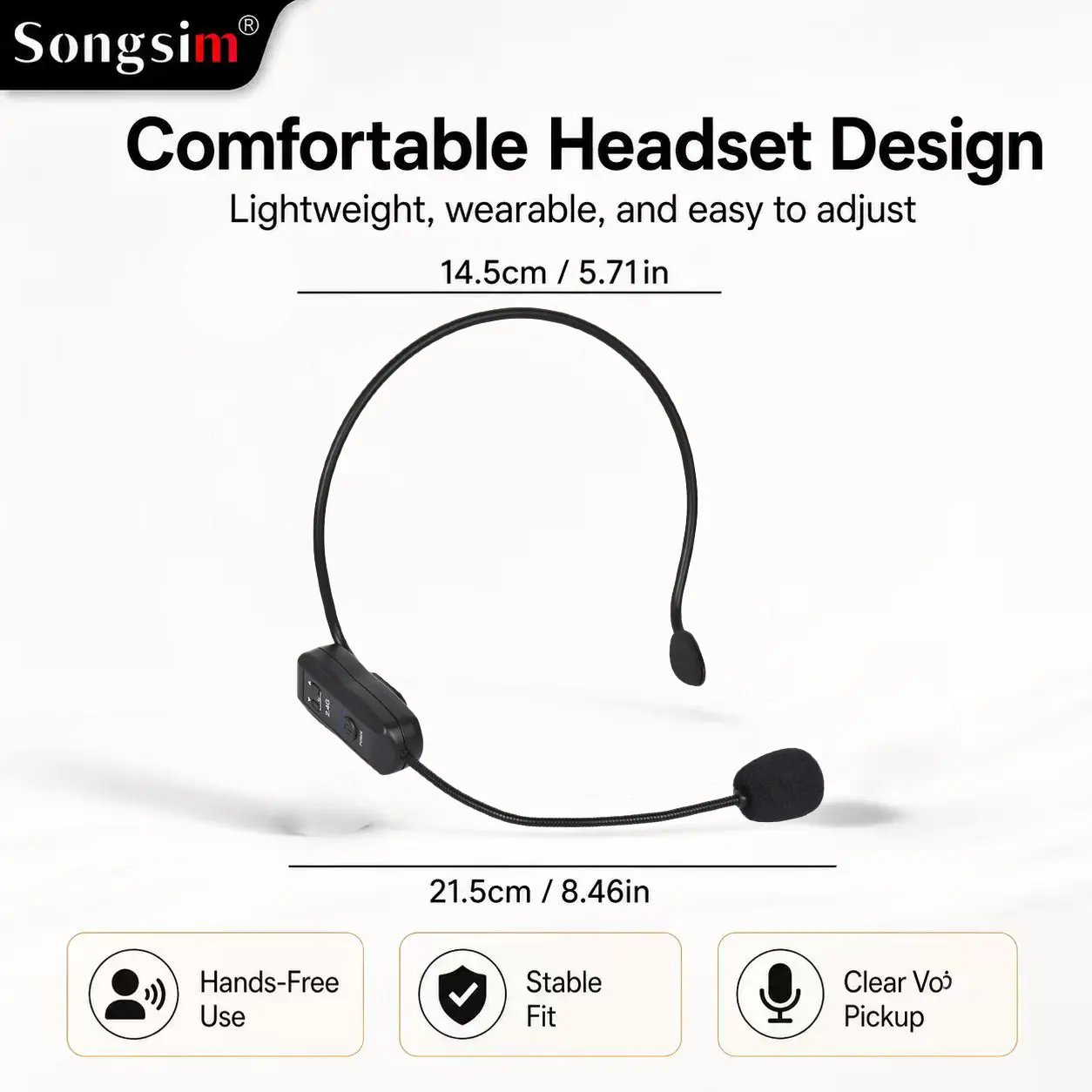 2.4G Wireless Headset Microphone Songsim, Low Latency Portable Wireless Head Mic, Noise Reduction Headset Microphone for Teaching, Live Stream, Podcast, Outdoor Speech