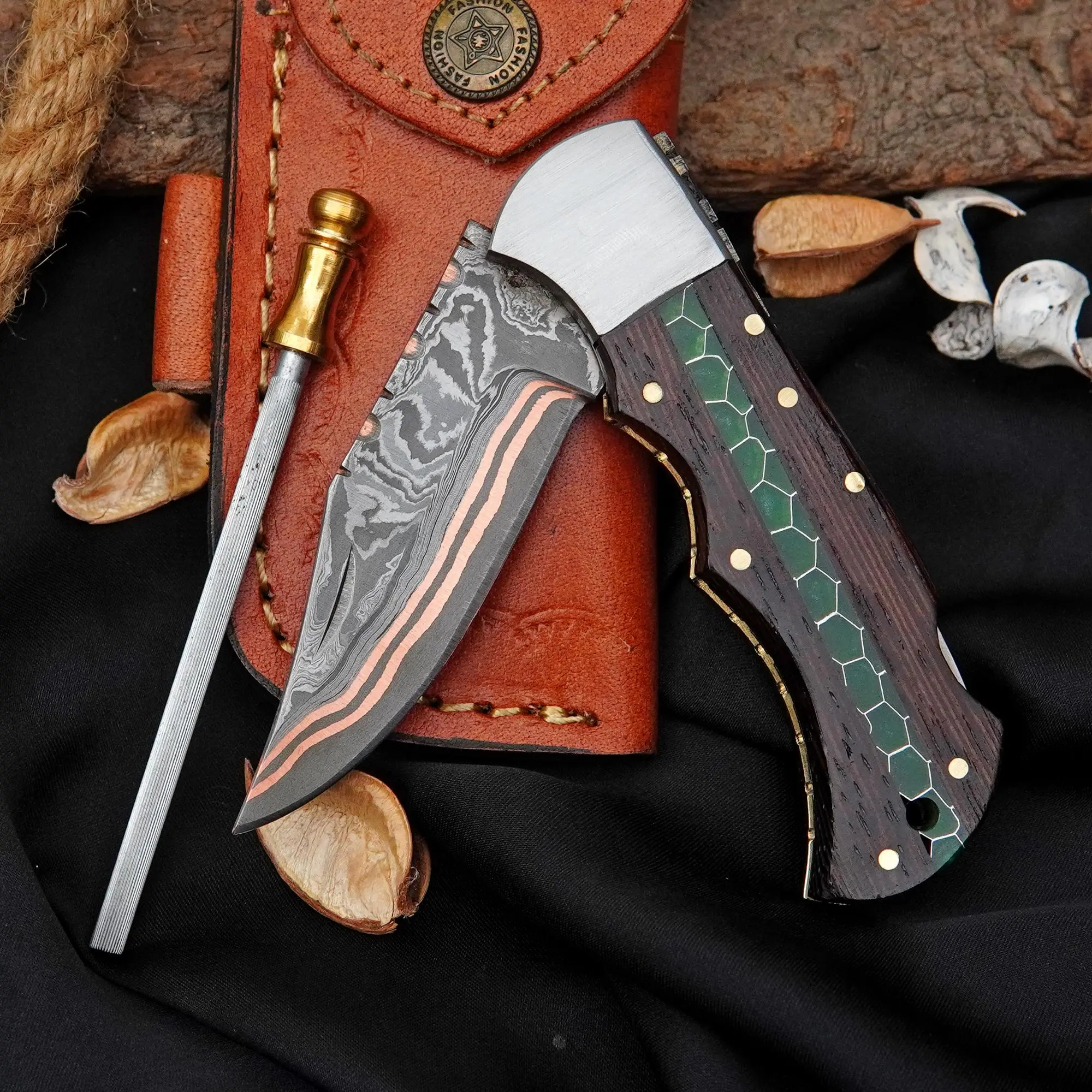 Handmade Copper Damascus Folding Knife Wenge Wood Handle Groomsman Gift Pocket Knife Gift For Husband Birthday Gift Fold Blade Copper Knife