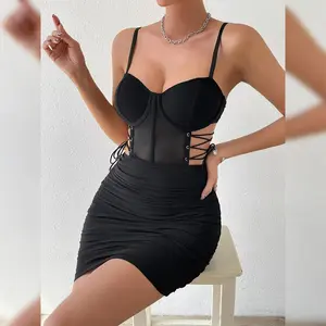 SINGREINY Summer Short Strap Dress Ladies Strapless Lace Up Hollow Out Design Pleated Slim Fit Print Sexy Clubwear Bodycon Dress