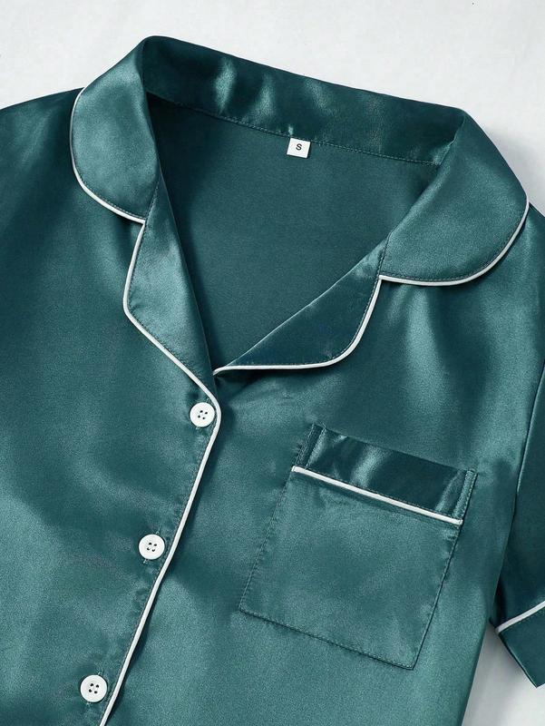 LuxeNights 3pcs Set Women Contrast Trim Solid Color Faux Silk Lapel Sleepwear Set - Dark Green