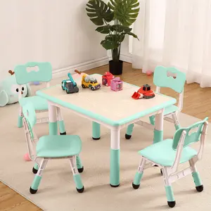 Adjustable Height Kids Table and 4 Chairs Set – Durable Plastic Toddler Activity Furniture with Easy-to-Clean Graffiti Tabletop – Ideal for Arts, Crafts, and Playroom – Natural