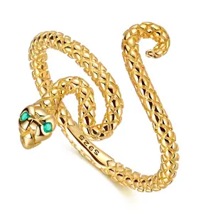 MULA S925 Silver-plated Gold Plated Snake Ring with Green CZ Eyes, Adjustable Snake Jewelry for Women and Girls, Unique Animal Gift for Birthday, Halloween, Christmas, Party