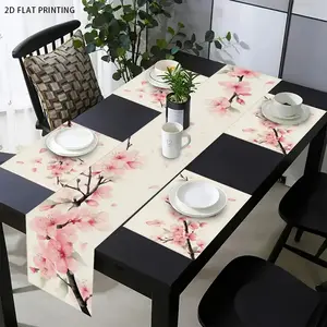 2D flat printing, set of 1 piece/4 pieces/6 pieces/5 pieces/7 pieces, cherry blossom watercolor pattern table flag and placemat set, elegant home decoration, seasonal kitchen decoration, party, indoor and outdoor daily decoration