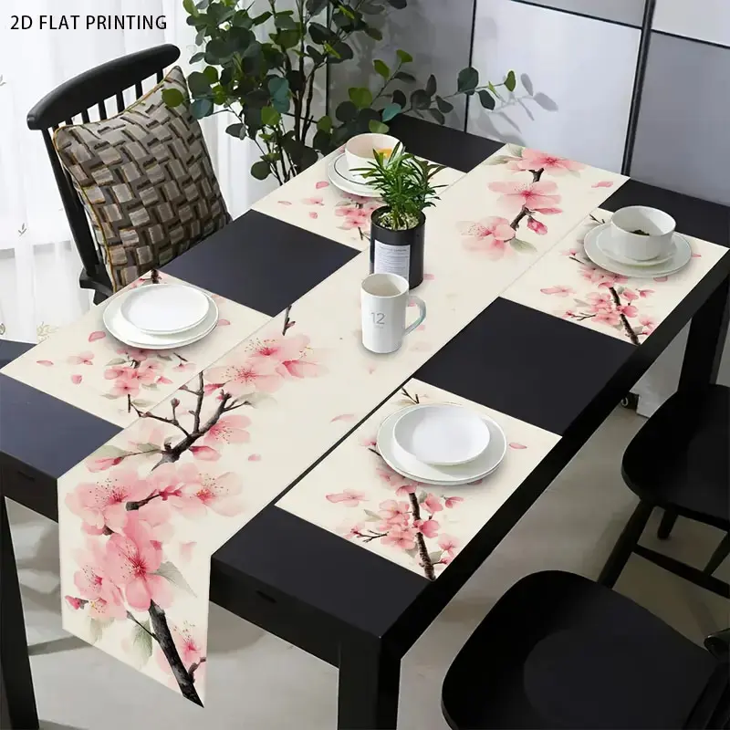 2D flat printing, 1/4/6 pieces set, cherry blossom watercolor pattern table flag and placemat set, Kitchen decorative placemat, home decoration, seasonal kitchen decoration, party, gatherings, indoor outdoor decor