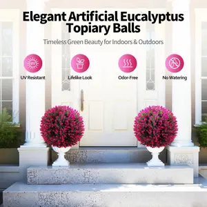 2-pc Pink Eucalyptus Artificial Topiary Ball Trees with Ground Stakes - UV Resistant Faux Shrubs for Spring Outdoor/Indoor Garden, Porch & Patio Decor, Artificial Faux Plants