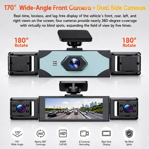 Plinader 4-Lens 360° Panoramic Car Dash Cam, 1080P Full HD 4-Camera Recorder with 170° Wide Angle, Night Vision, Motion Detection, G-Sensor, Loop Recording, 24H Parking Monitor, 64GB SD Card Included