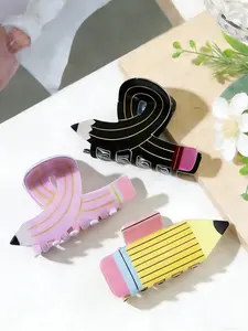 3pcs Cute Cartoon Pencil Acrylic Hair Clips, Personalized Student Fun Creative Back Headband, Half Bun Shark Clip, Banana Clip Hair for Daily and Casual Parties, Super Cute Clips, Hair Clip Set