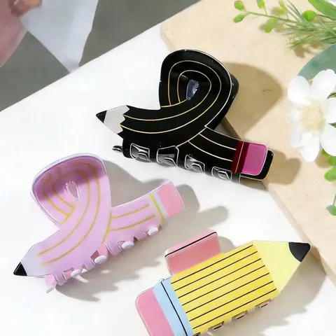 3pcs Cute Cartoon Pencil Acrylic Hair Clips, Personalized Student Fun Creative Back Headband, Half Bun Shark Clip, Banana Clip Hair for Daily and Casual Parties, Super Cute Clips, Hair Clip Set, Cute hair accessories