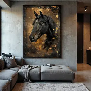 Black Horse Art With Gold Accents -animal Wall Art, Abstract Equestrian, Modern Horse Wall Decor for Home