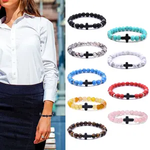 Cross Beads Bracelet for Men Women, 8MM Beaded Bracelets Couples Bracelets,Lava Rock Turquoise Tiger Eye Natural Bracelet Anxiety Stretch Elastic Healing Bracelet