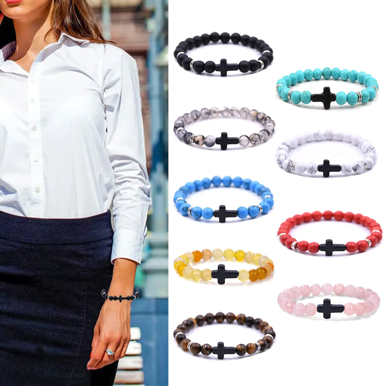 Cross Beads Bracelet for Men Women, 8MM Beaded Bracelets Couples Bracelets,Lava Rock Turquoise Tiger Eye Natural Bracelet Anxiety Stretch Elastic Heal