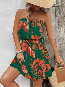 Women's Plants Print Tube Dress, Elegant Fashion Casual Strapless Dress for Daily Outdoor Wear, Women's Dress for Summer