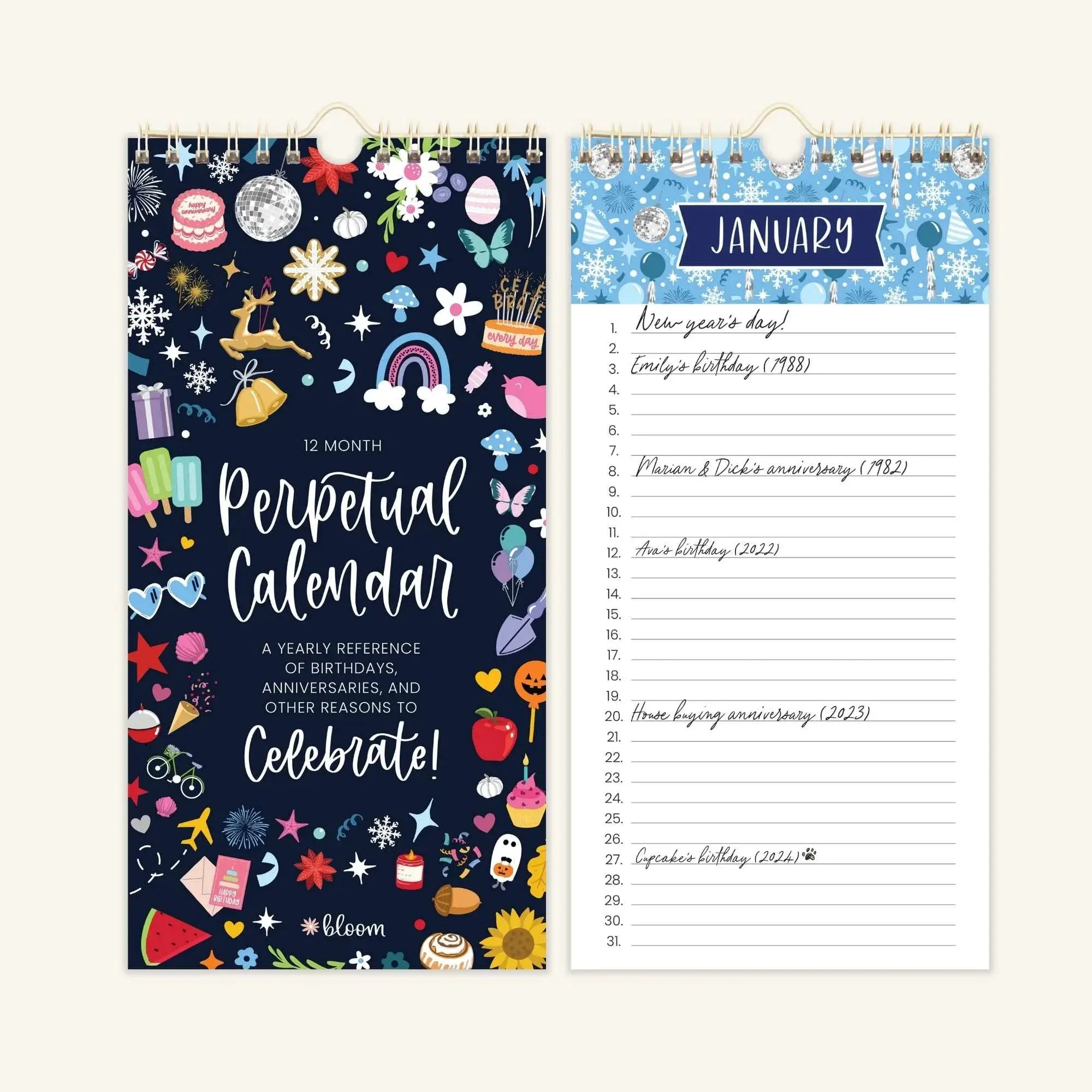 Bloom's Undated Perpetual Calendar 5" x 10" with Holiday Icons Reusable 12-Month Wall Calendar for Birthdays Anniversaries and More