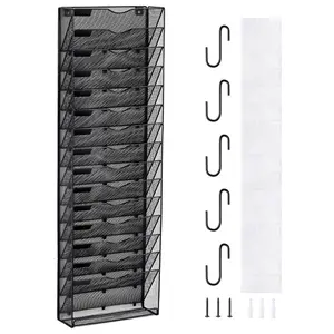 VEVOR File Wall Rack, One-Piece 16 Pockets Mesh Wall File Holder, Wall Mounted Magazine Mail Paper Document Storage Folder, Metal Wall File Organizer with Nametag Label, for Office Home School