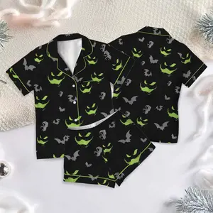 Oogie Boogie Halloween Satin Pajamas Shorts Set, Halloween Short Sleeve Pjs, Spooky Sleepwear