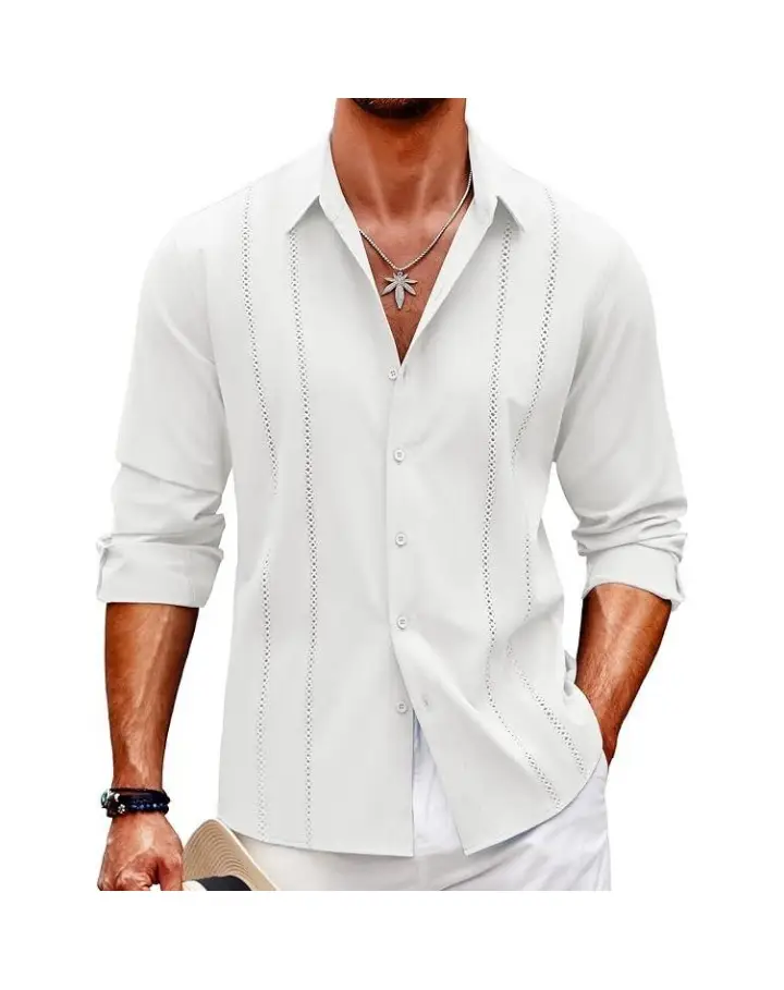 COOFANDY New York Fashion Week Mens Cuban Guayabera Shirt Casual Button Down Shirts Long Sleeve Beach Linen Shirts Menswear Tropical