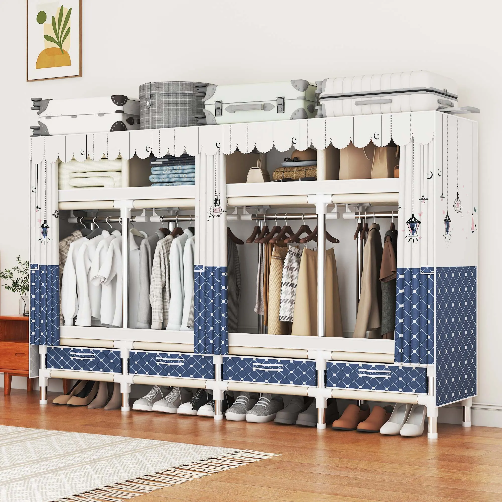 Portable Wardrobe, Freestanding Closet Hanging Organization, Metal Frame with Multicolor Fabric Cover, 4 Storage Compartments, 4 Hanging Rods, 4 Drawers,Suitable for Apartments and Student Dormitories,easy To Move