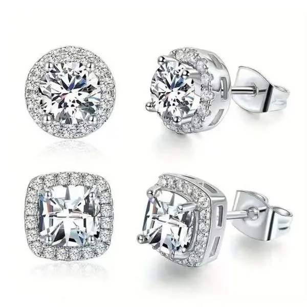 Metal Alloy Stud Earrings for Women, 2-Pair Set with CZ Heart Shape & Halo Designs, Shining Diamond Look, Heart Shape Earrings, Shining Earrings