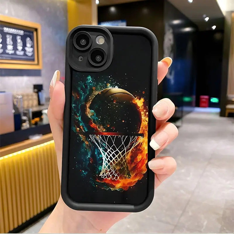 Basketball Theme Explosion Style TPU Silicone Smartphone Casing - Straight Edge, Shockproof, Drop-Resistant, Rugged, Durable Cover for iPhone 17 Pro Max,16,16e,15,14 Plus,13,12 Mini,11,Air,X,XS - 2D Printing, Handheld Devices Accessory, Gift