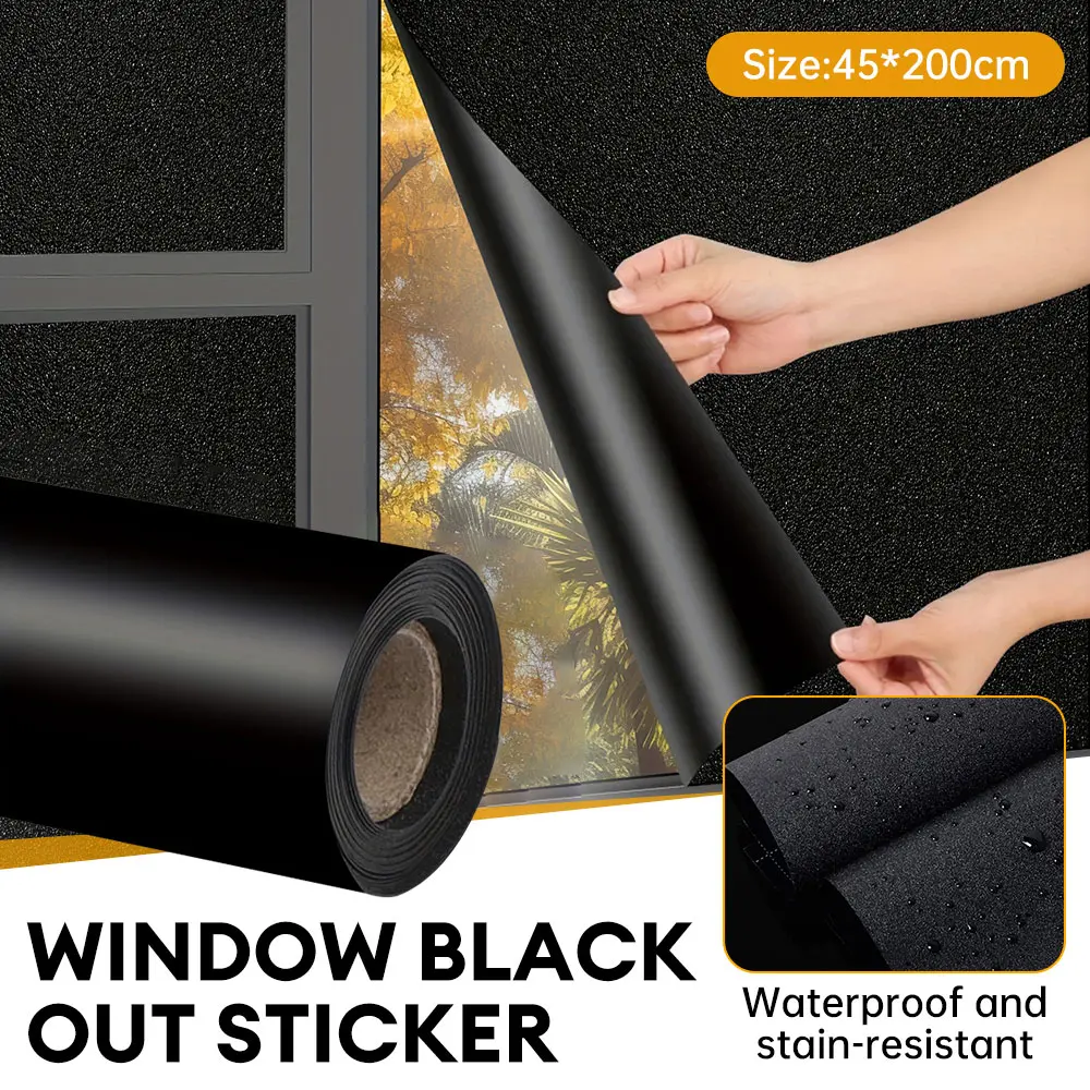 45×200cm 100% Blackout Static Cling Window Film, No Glue Removable Frosted Black Privacy Window Sticker UV Block Heat Insulation Reusable PVC Window Tint for Bedroom Office Car