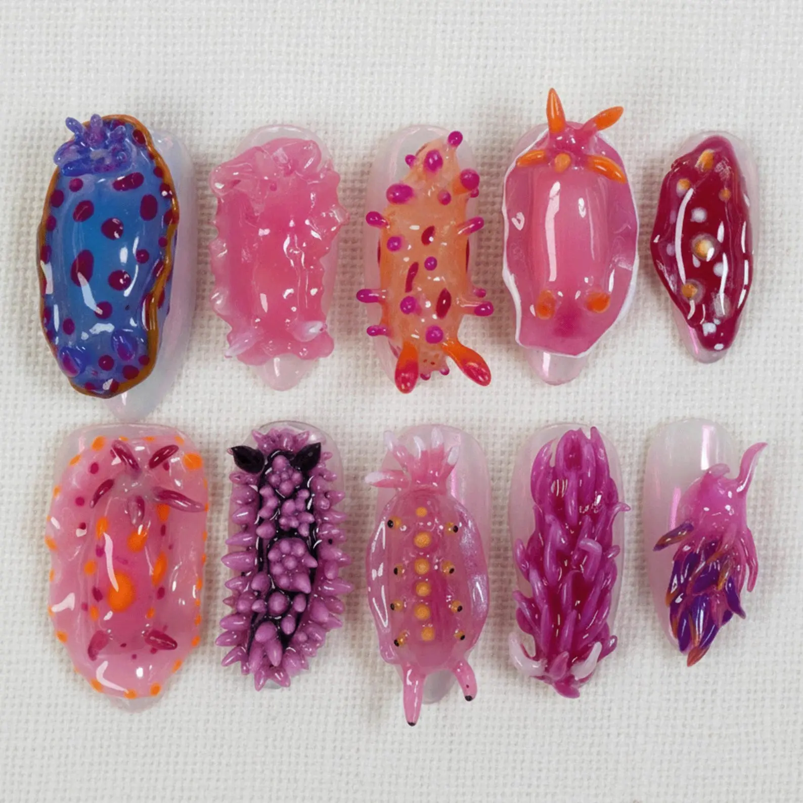 Ocean Inspired Press On Nails | 3D Nudibranch Sea Slug Nails | Handmade Marine Life Nail Set