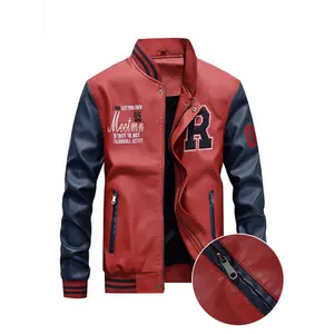 Orange & Black Men's Faux Leather Varsity Jacket with White Lettering, Embroidered Patches, Zip-Up, Long Sleeves, Polyester Lining, and Pockets