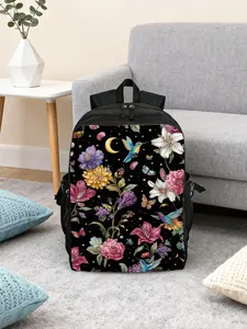 （2D Flat Printing）1pc Celestial Florals and Hummingbird Computer Backpack - Durable & Fashionable, Leisure Camping Backpack, Multi-Pocket, Suitable for Business Trips, Fitness, Street Shooting, Yoga, Hiking, Beach, Unisex