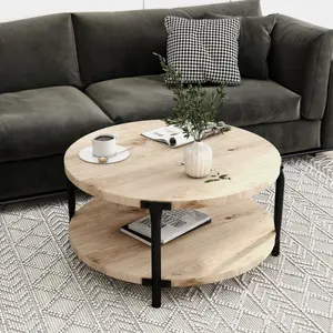 29.6" Round Coffee Table, 2 Tier Round Tea Table with Storage Shelf & Metal Frame, Accent Center Table for Living Room, Apartment, Small Space, Natural