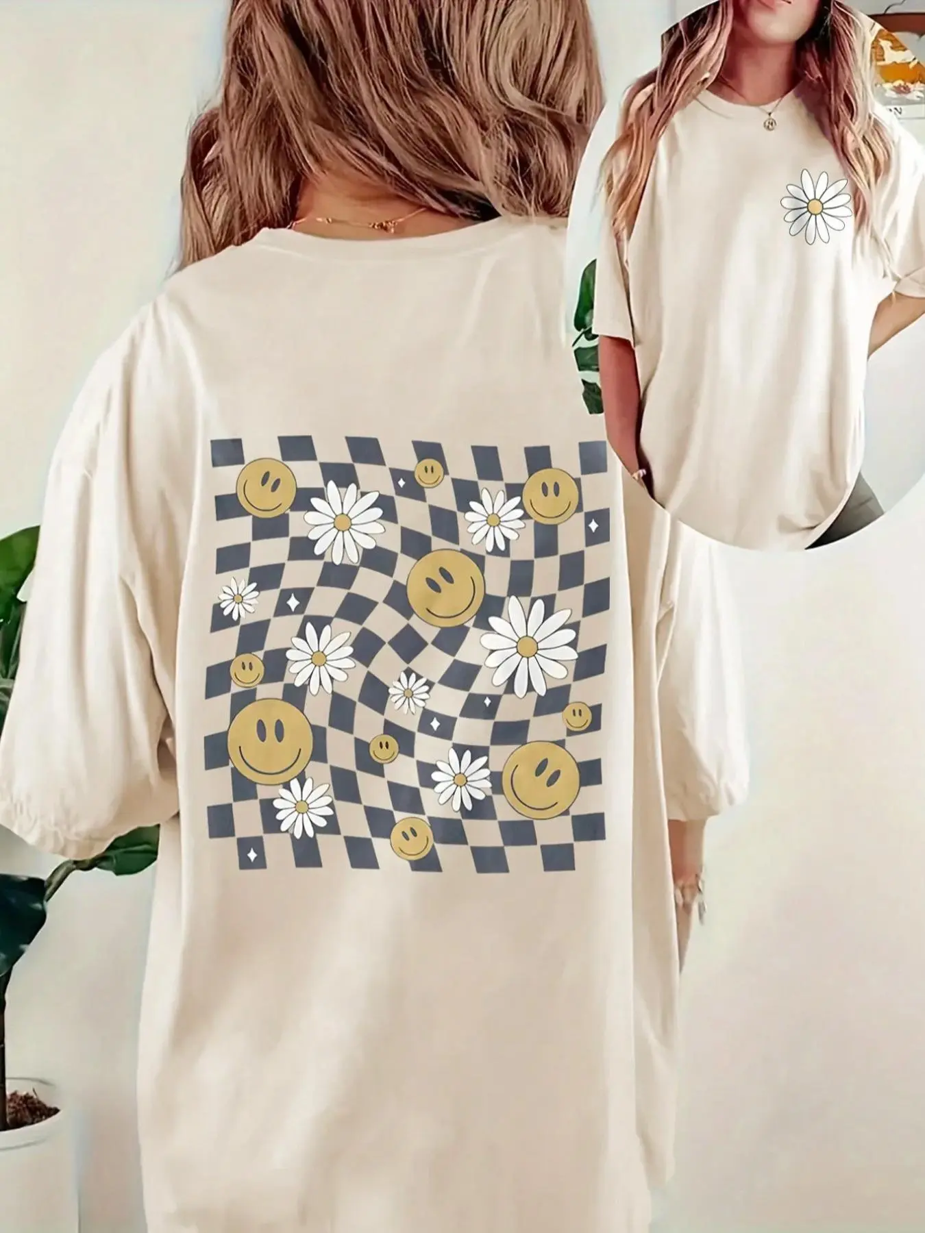 Women's Smile Face & Checkerboard Print Round Neck Tee, Casual Short Sleeve Crew Neck T-shirt for Summer, Fashion Women's Top for Daily Wear, Casual Crewneck Tops, Casual Tee Shirts, Womenswear