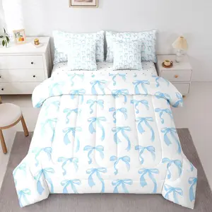 Bow Comforter Set with Sheets 7 Piece Blue Bedding Set for Kids Boys Girls Cute Bowknot Bed in a Bag Princess Style Room Decor Kawaii Soft Lightweight Microfiber