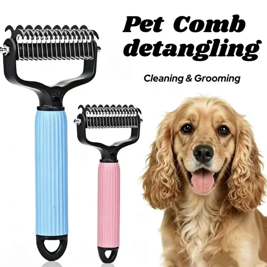 Double-Sided Cat Shedding Dematting Comb Deshedding Dog Brush, Pet Undercoat Rake Grooming Brush for Long Haired Dogs, Matted Fur Remover for Cats