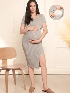 Maternity Nursing Dress Knee-Length Fitted Pregnancy Breastfeeding Friendly Casual