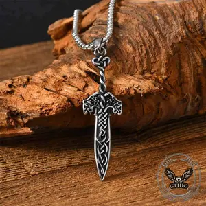 GTHIC Nordic Celtic Knot Sword Stainless Steel Pendant Viking-Inspired Jewelry for Men Women Daily or Party Wear