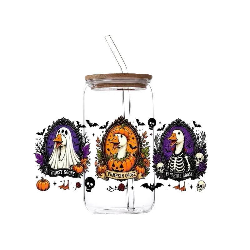 UV DTF Cup Wraps - 5 Sheets Spooky Farm Halloween, Cute Ghost Goose Chicken Designs for 16 oz Glass, Waterproof UV DTF Transfer Stickers for Glass Cups & Wood Crafts