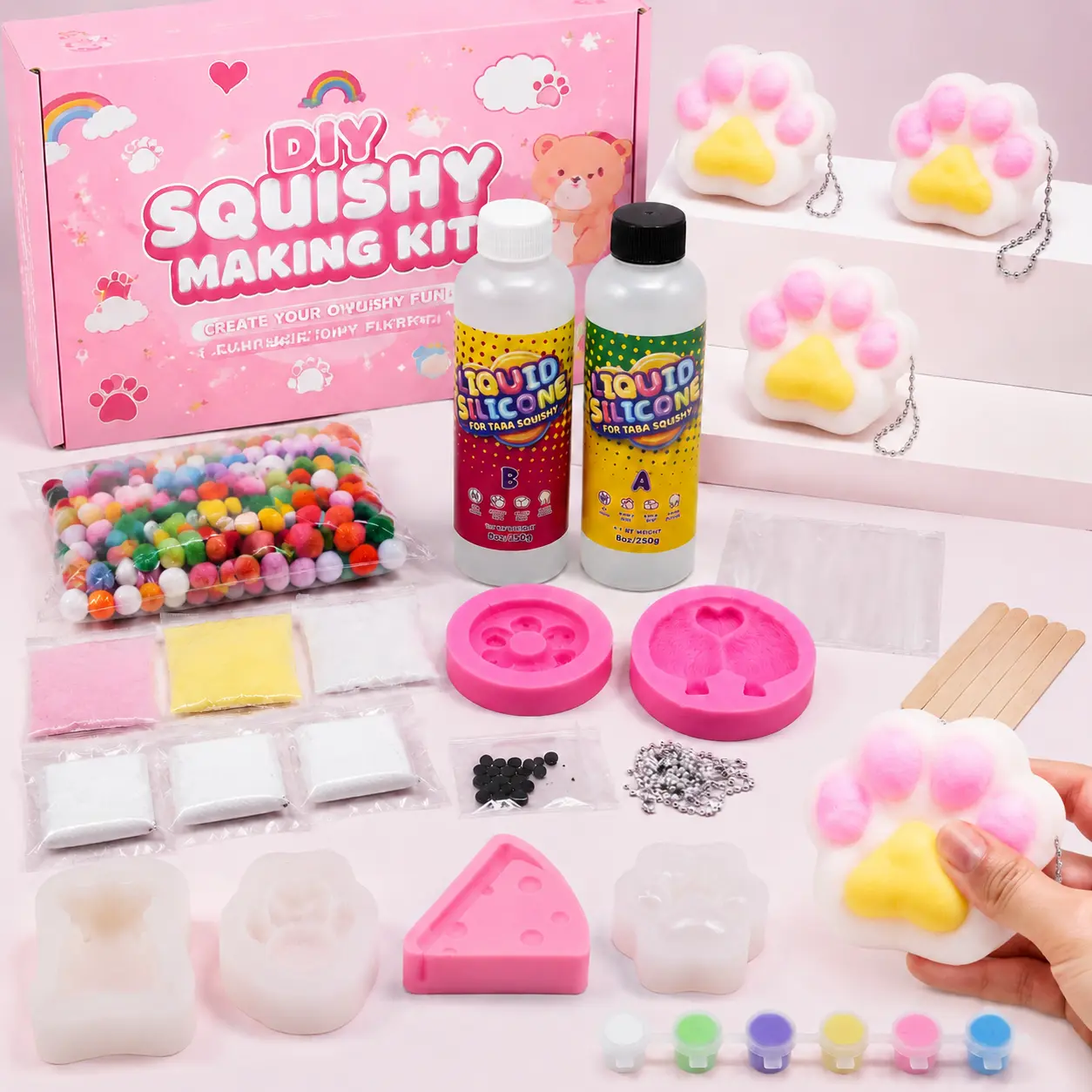 DIY  Squishy Making Kit, Liquid AB Silicone Kit with Cat Paw Bear Cheese Molds, Complete DIY Squishy Craft Set for Kids, Stress Relief Squeeze Toy Handmade Craft Gift